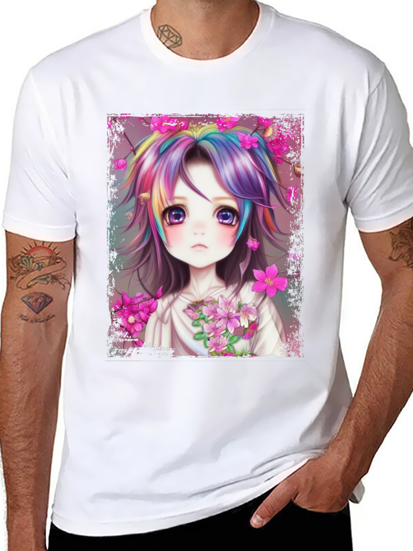Anime Girl Rainbow Hair Graphic Tee