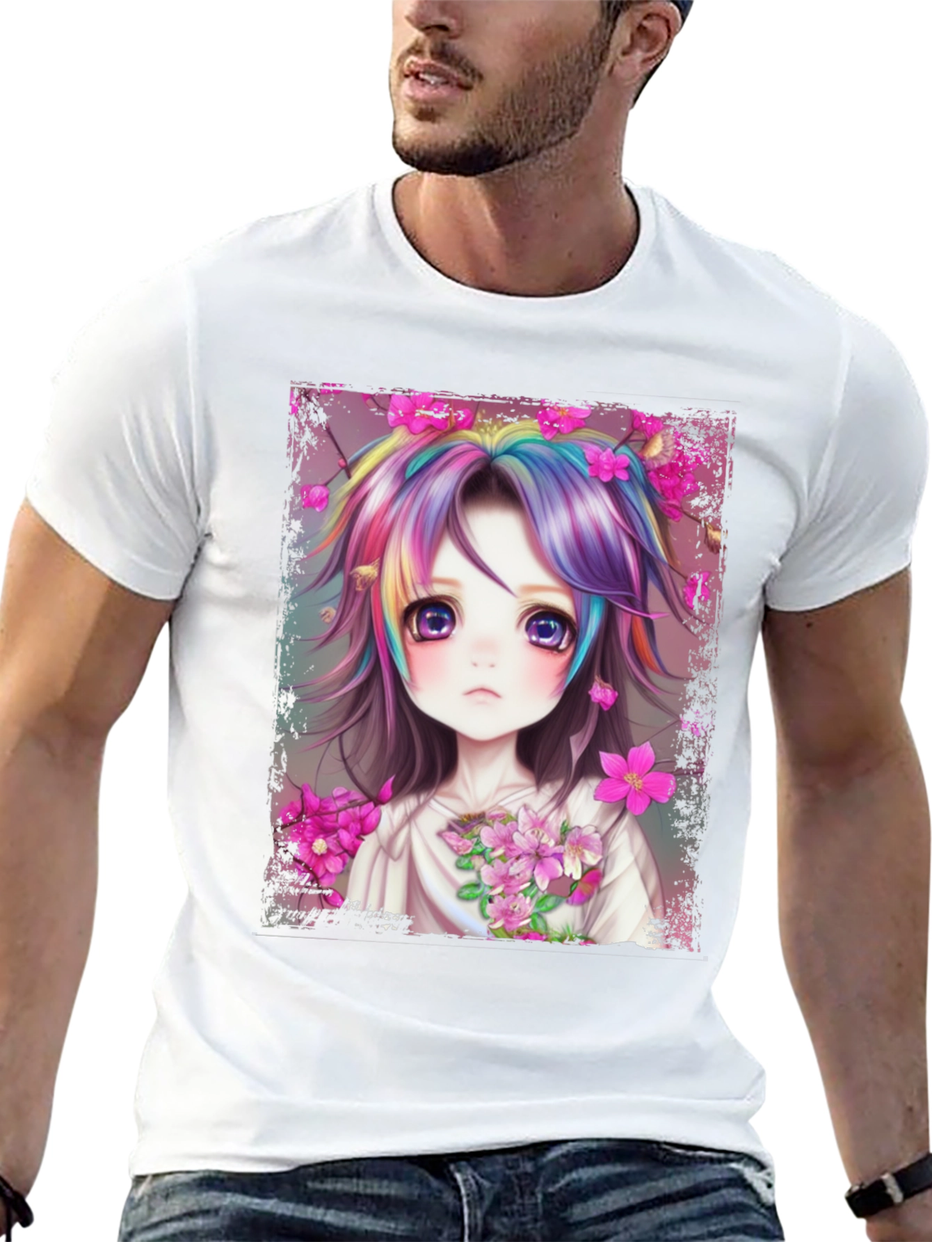 Anime Girl Rainbow Hair Graphic Tee