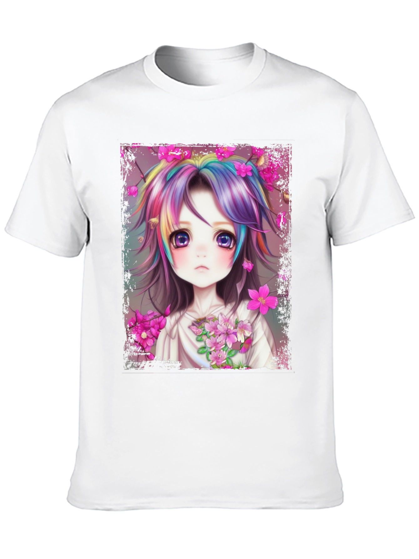 Anime Girl Rainbow Hair Graphic Tee