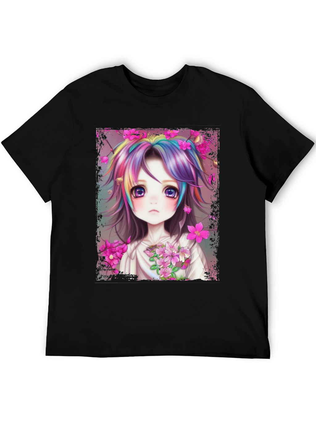 Anime Girl Rainbow Hair Graphic Tee