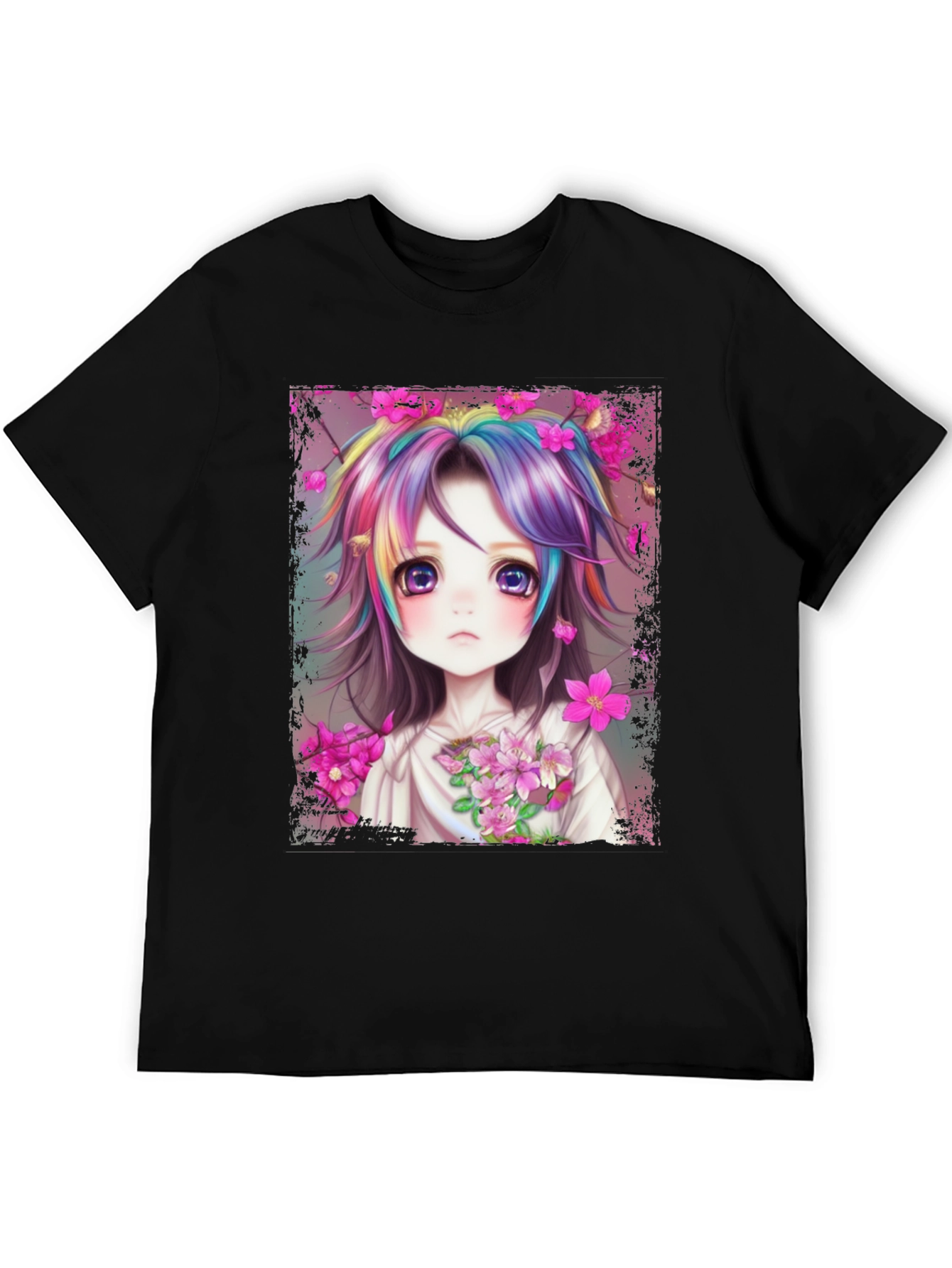 Anime Girl Rainbow Hair Graphic Tee
