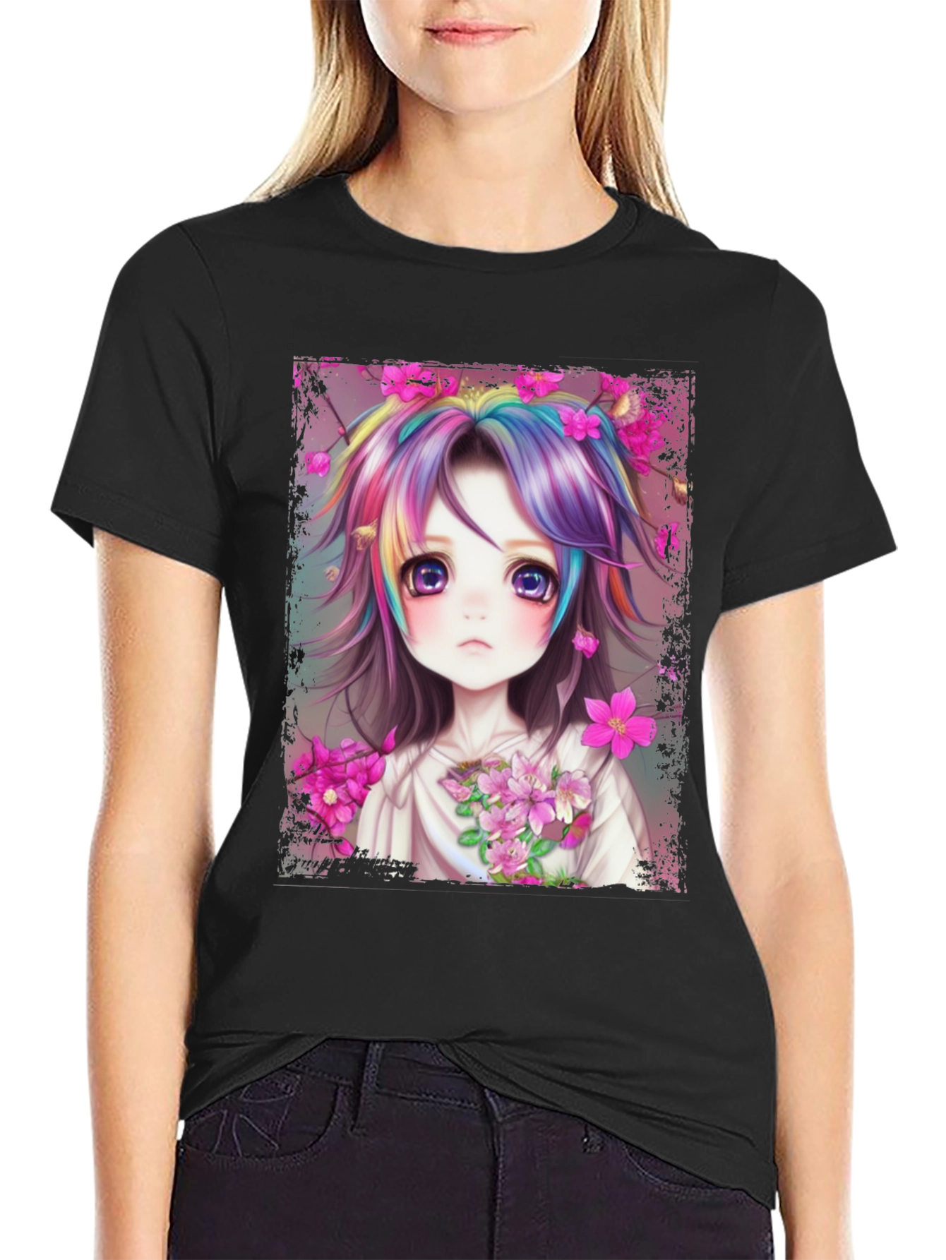 Anime Girl Rainbow Hair Graphic Tee