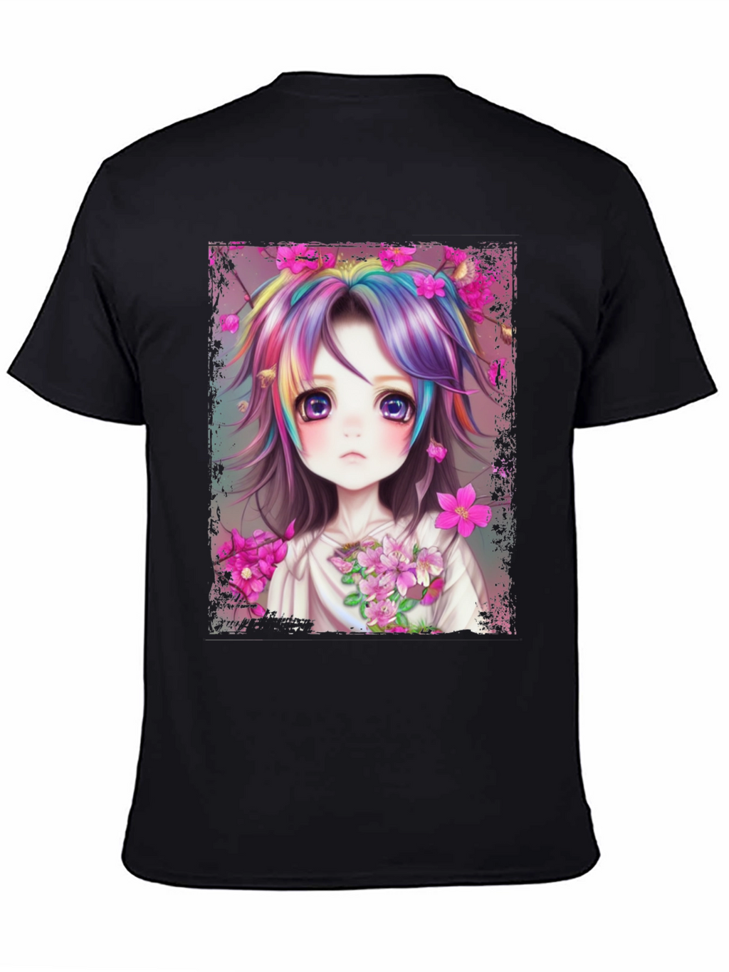 Anime Girl Rainbow Hair Graphic Tee