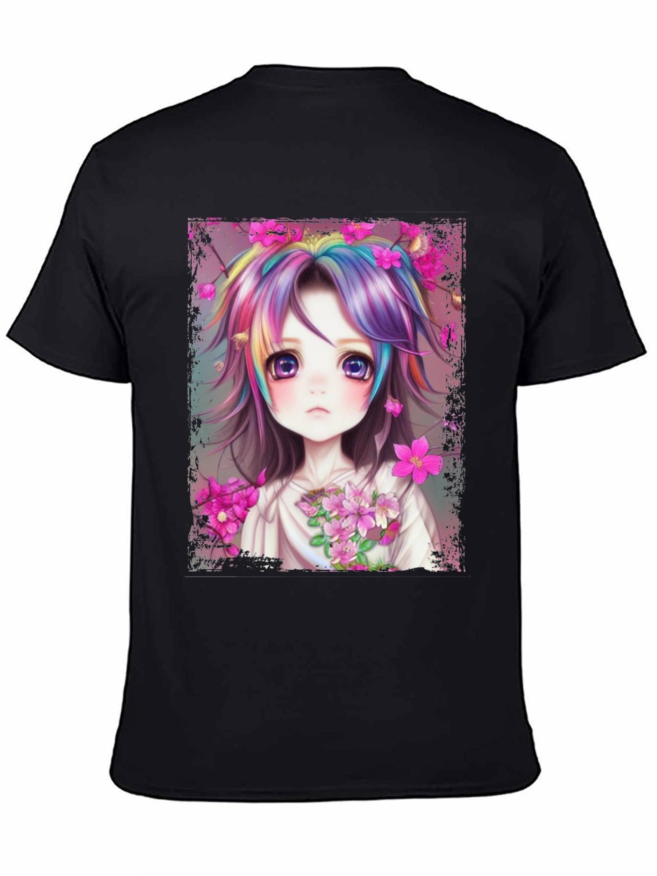 Anime Girl Rainbow Hair Graphic Tee
