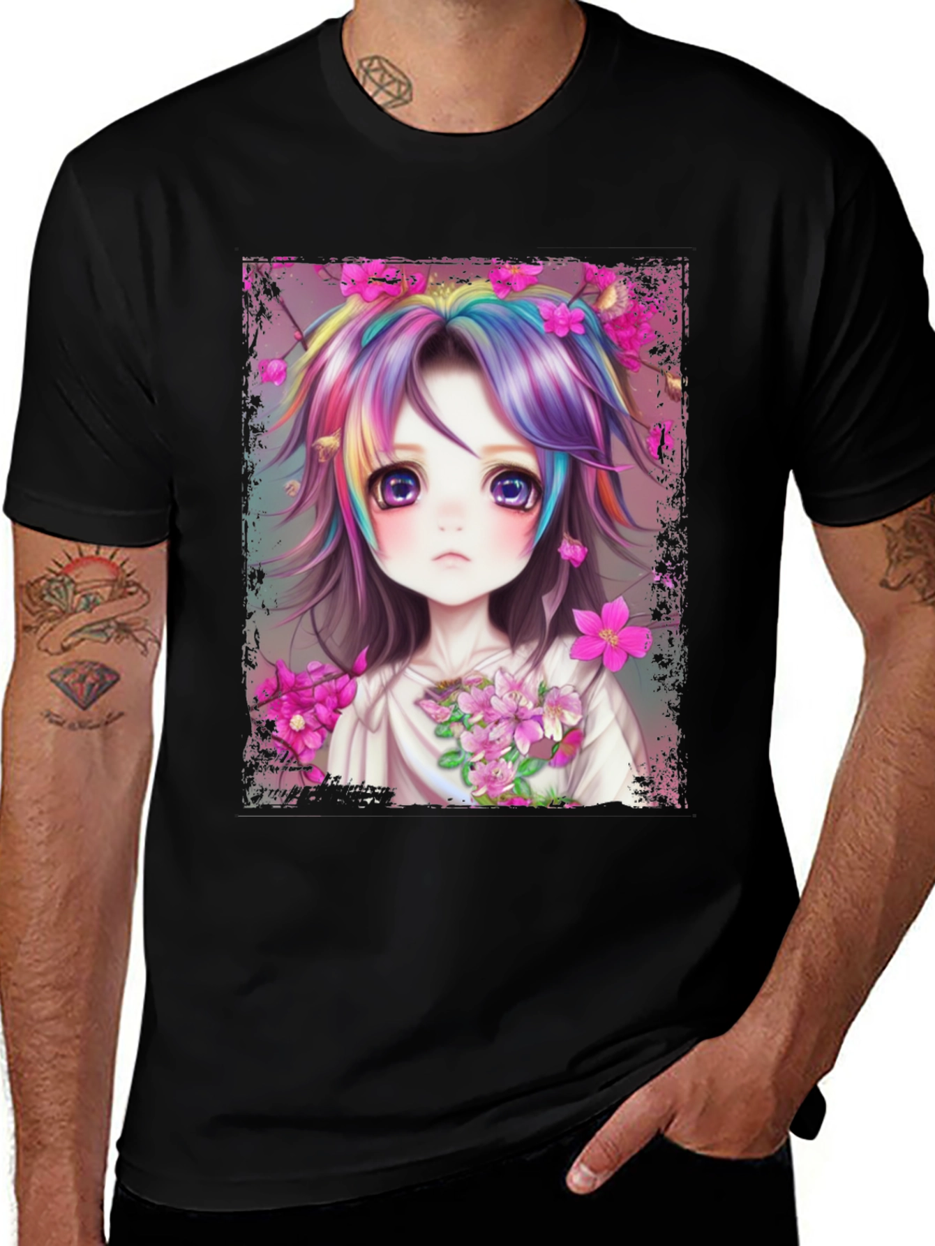 Anime Girl Rainbow Hair Graphic Tee