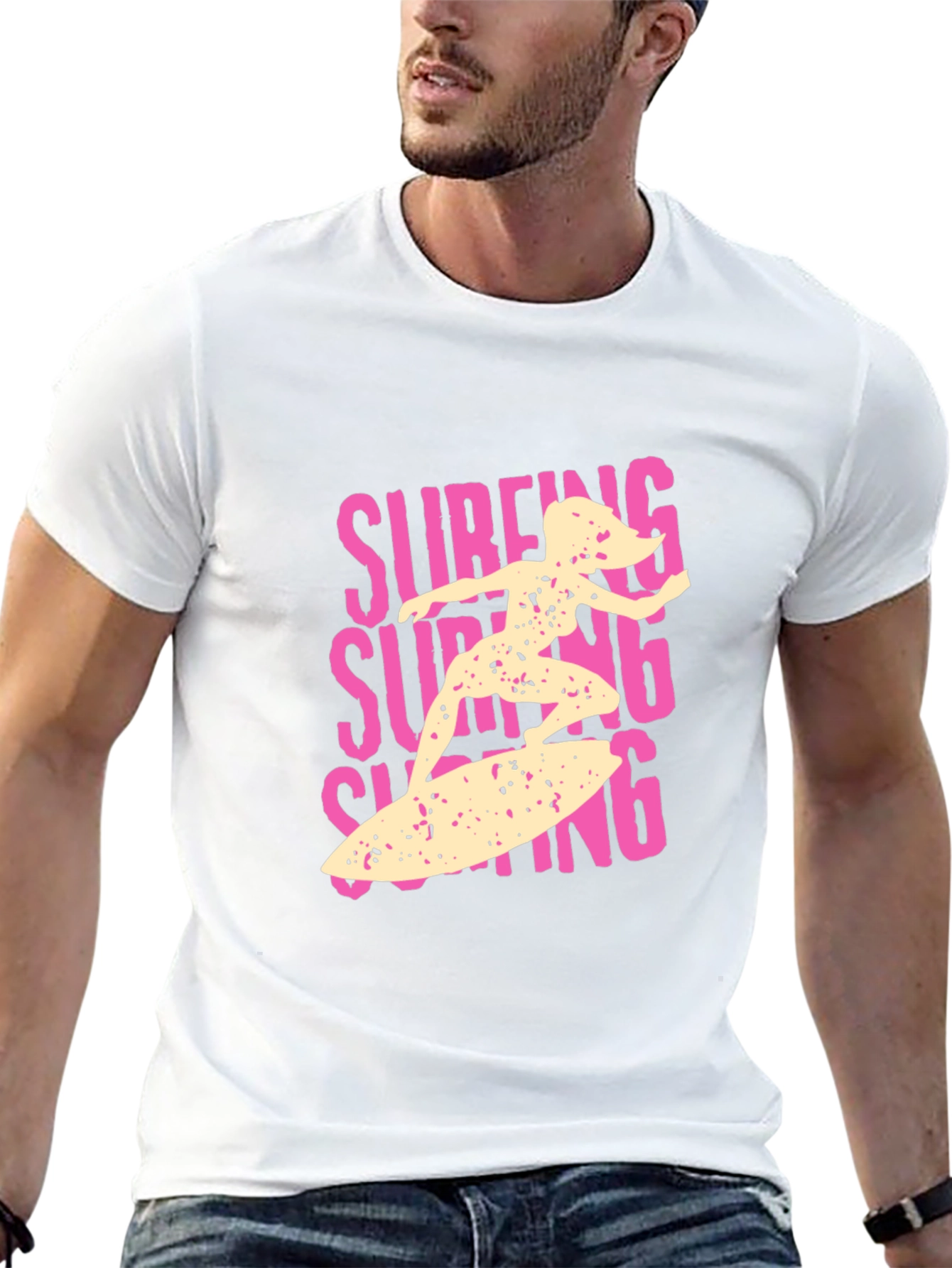 Surfing Girl Graphic Tee - Black Cotton Casual T-Shirt