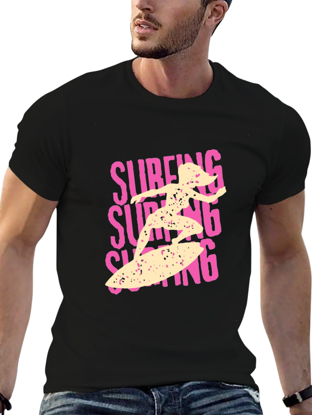 Surfing Girl Graphic Tee - Black Cotton Casual T-Shirt