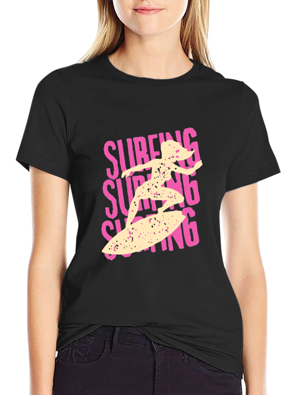 Surfing Girl Graphic Tee - Black Cotton Casual T-Shirt