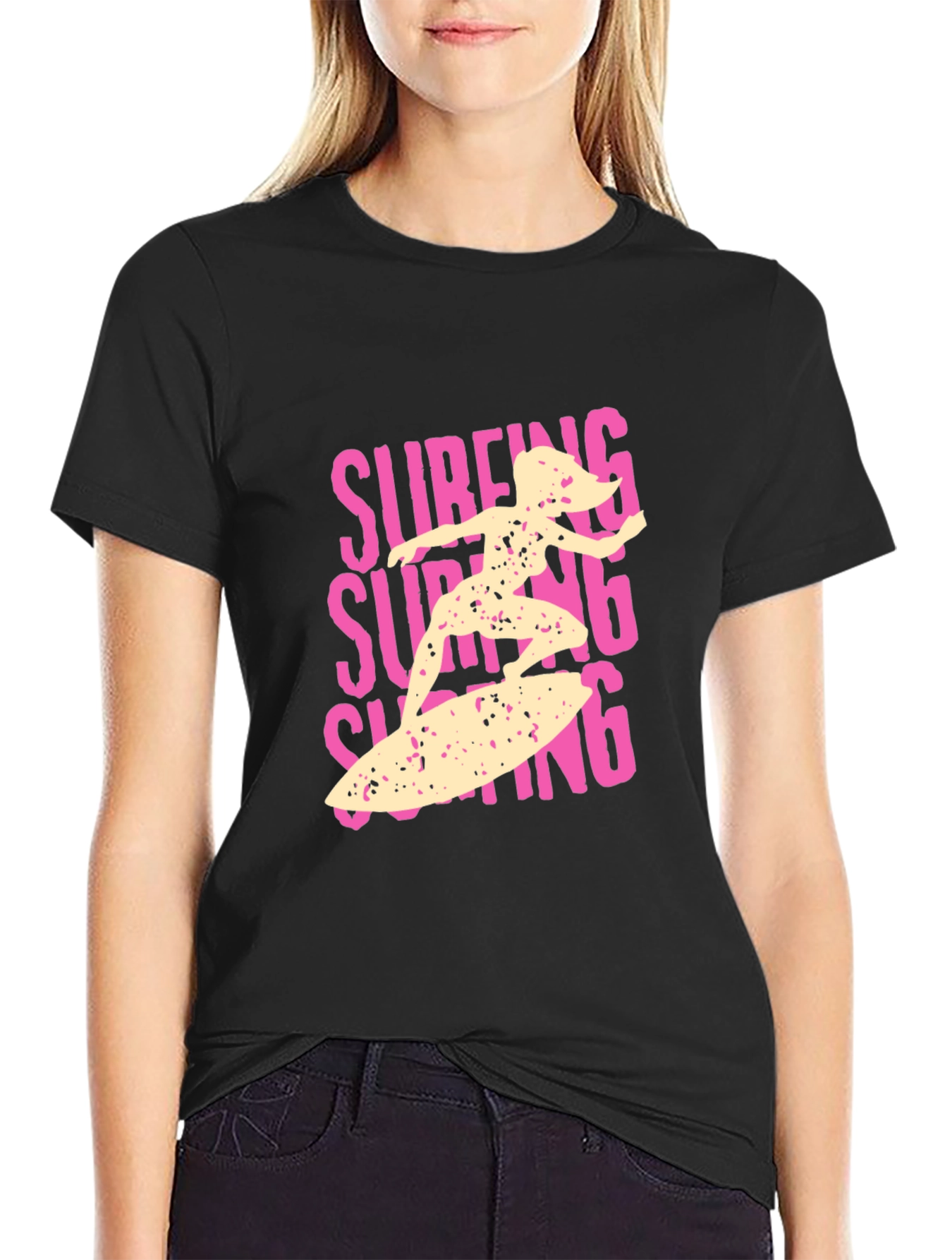 Surfing Girl Graphic Tee - Black Cotton Casual T-Shirt