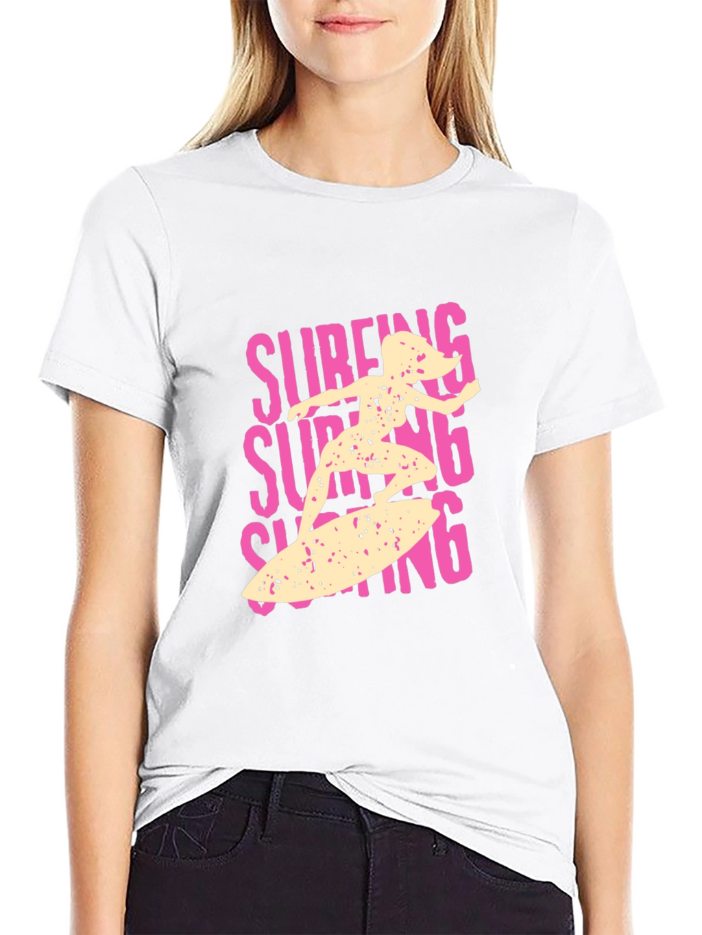 Surfing Girl Graphic Tee - Black Cotton Casual T-Shirt