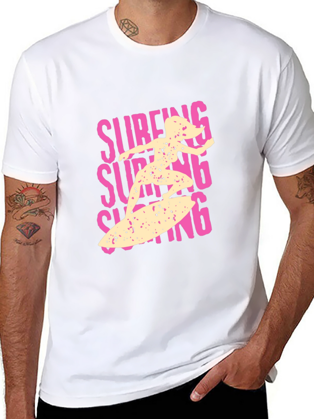 Surfing Girl Graphic Tee - Black Cotton Casual T-Shirt