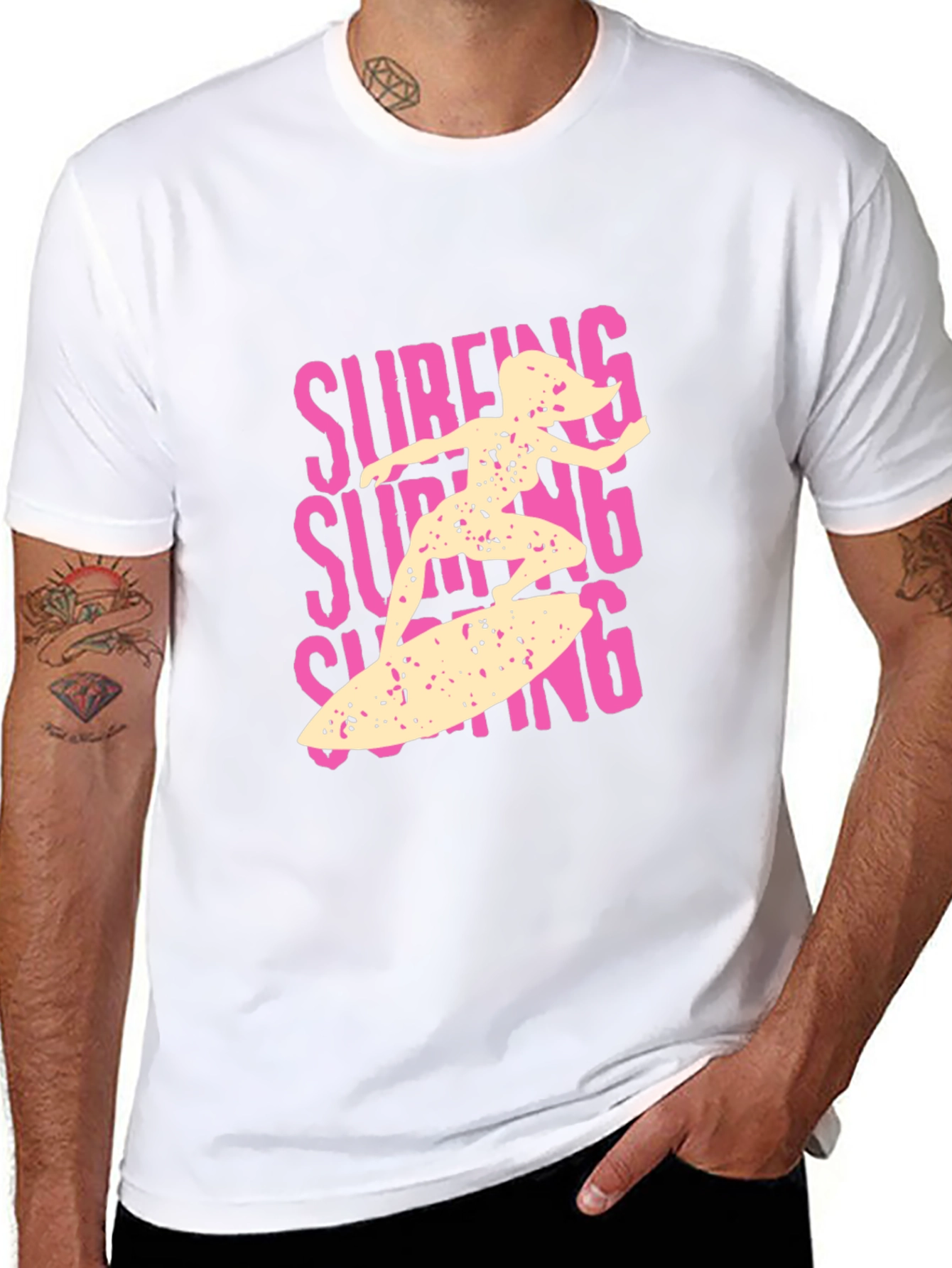 Surfing Girl Graphic Tee - Black Cotton Casual T-Shirt