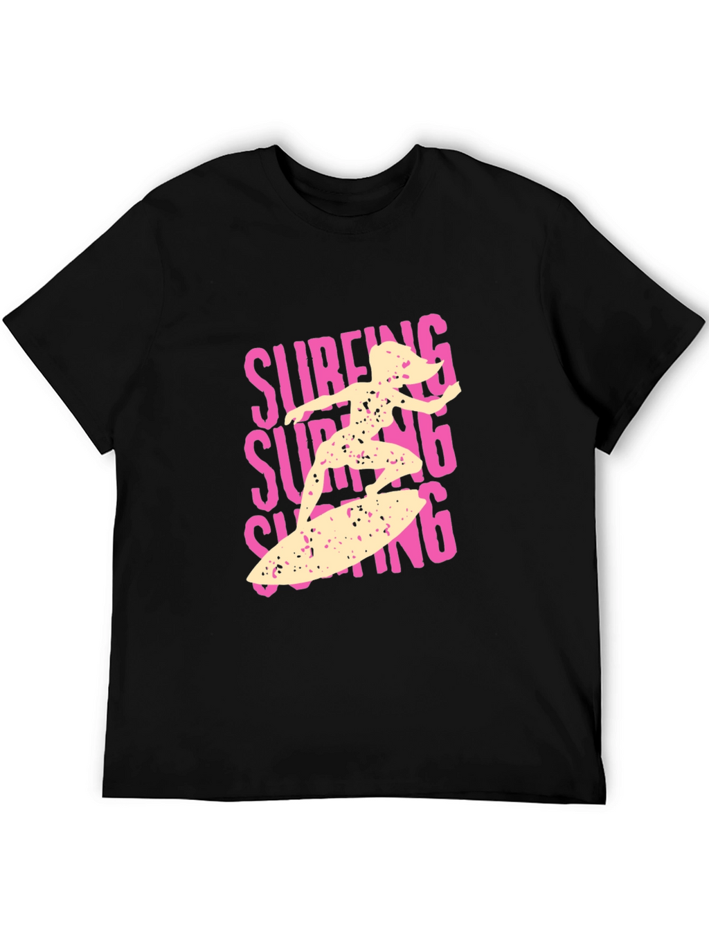 Surfing Girl Graphic Tee - Black Cotton Casual T-Shirt