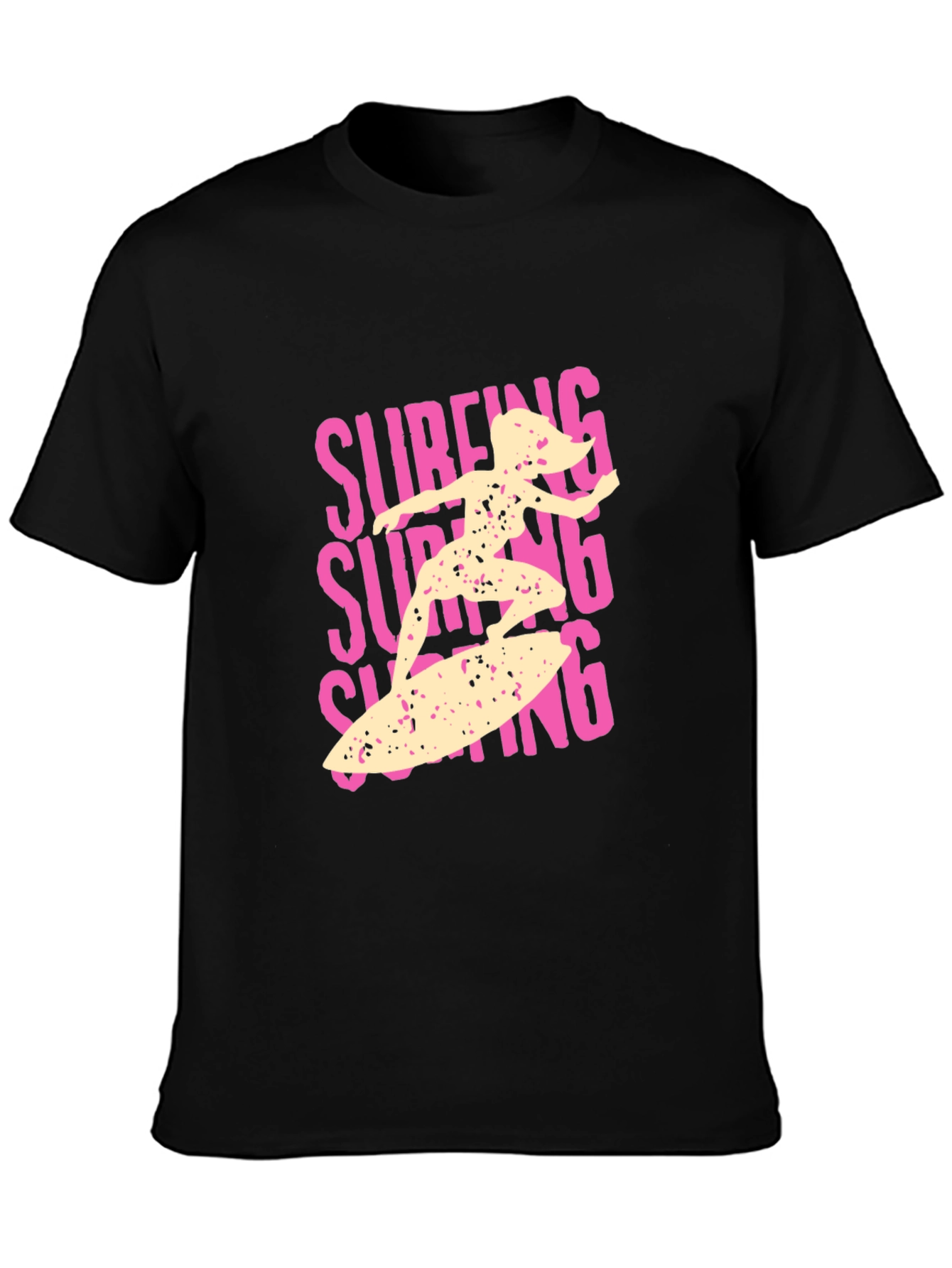 Surfing Girl Graphic Tee - Black Cotton Casual T-Shirt