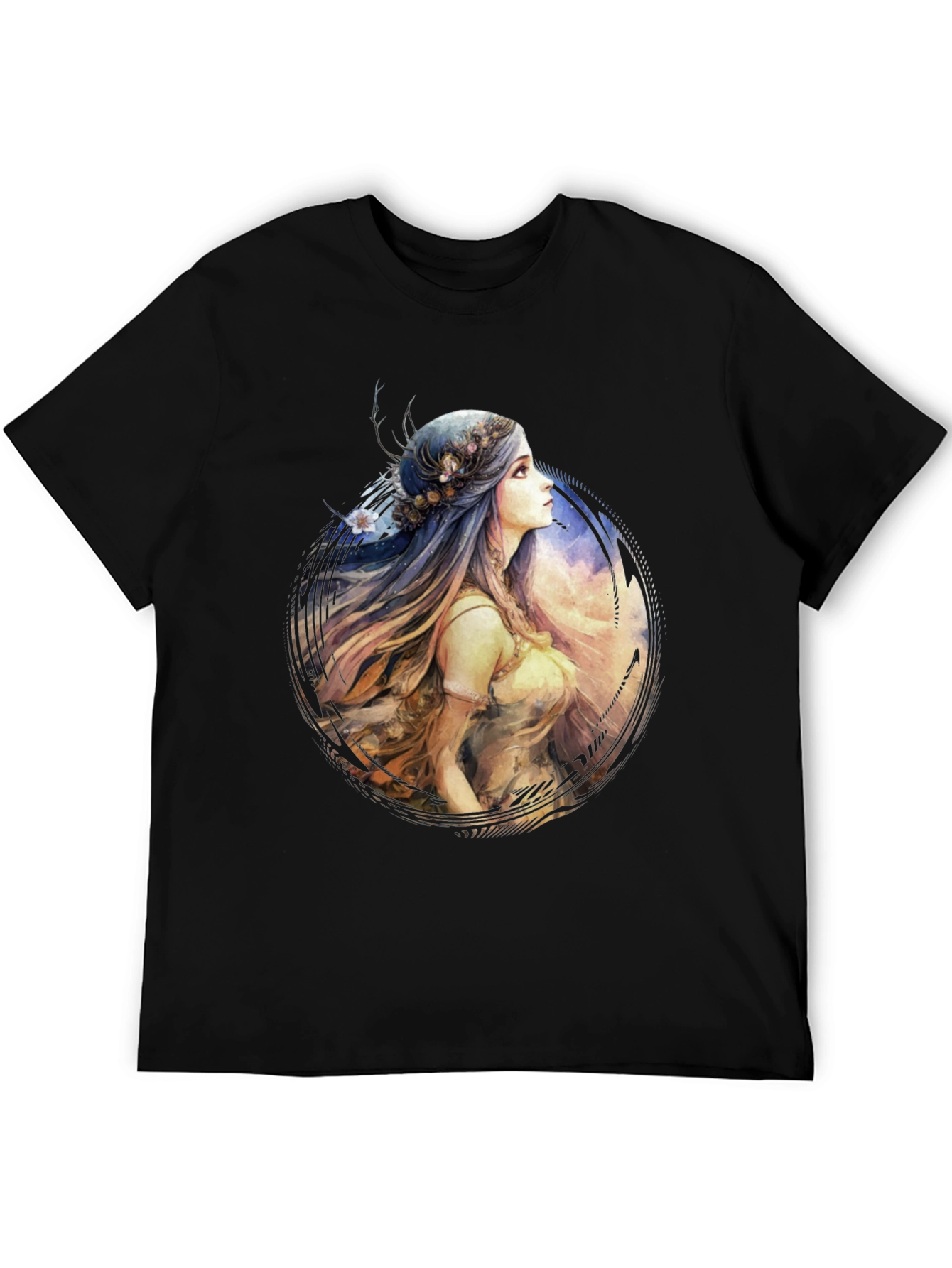 Watercolor Woman Portrait Black T-Shirt