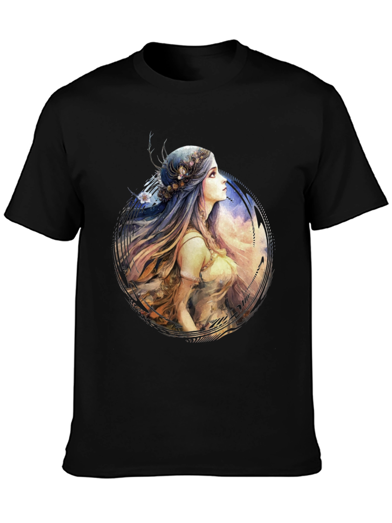 Watercolor Woman Portrait Black T-Shirt