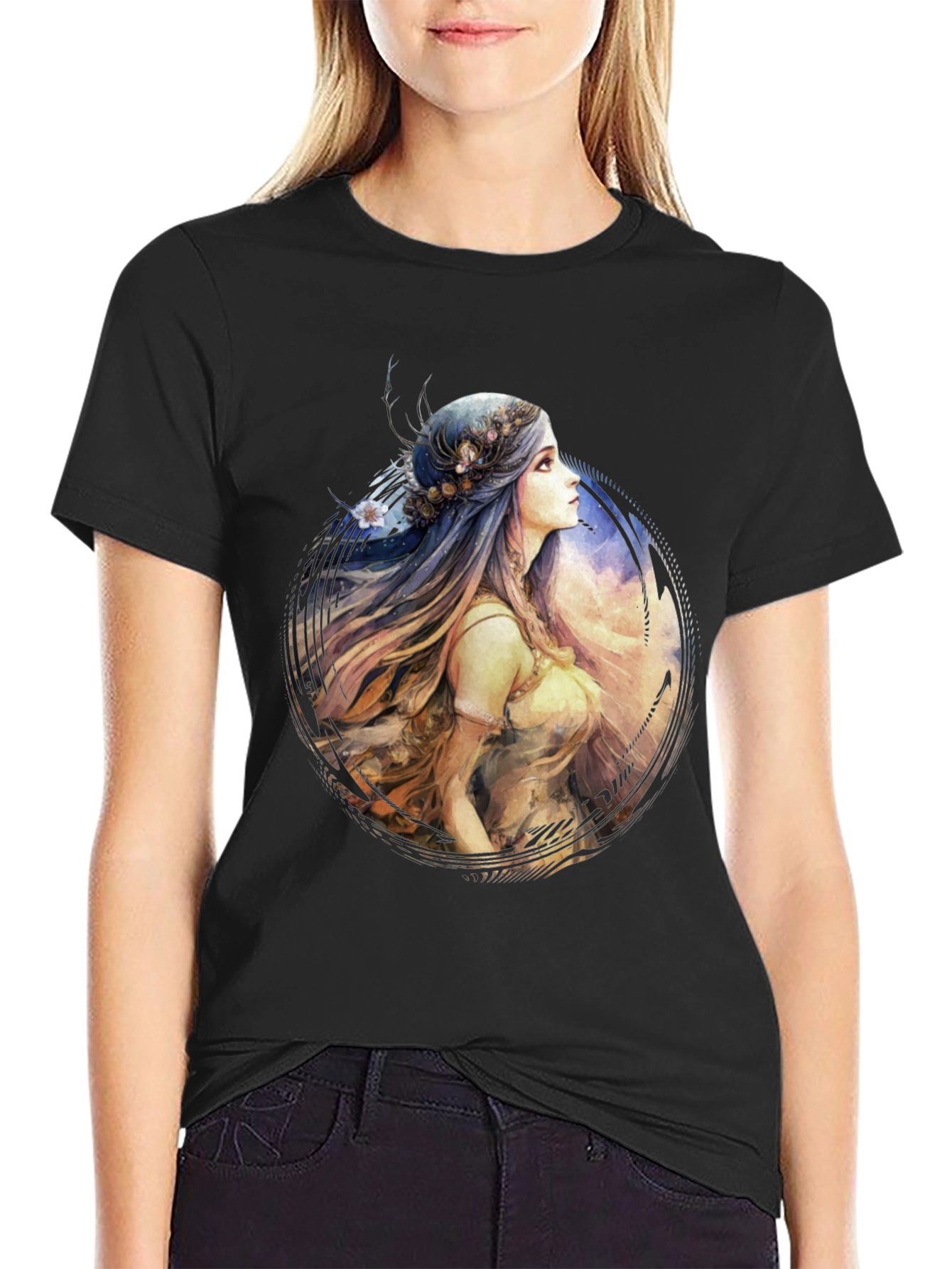 Watercolor Woman Portrait Black T-Shirt