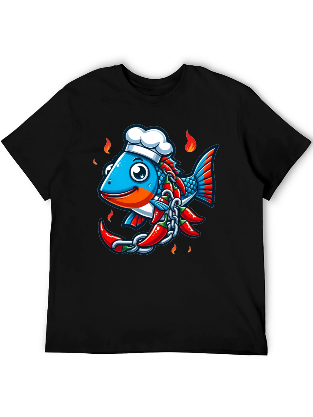 Spicy Fish Chef Graphic T-Shirt - Unique Cartoon Design