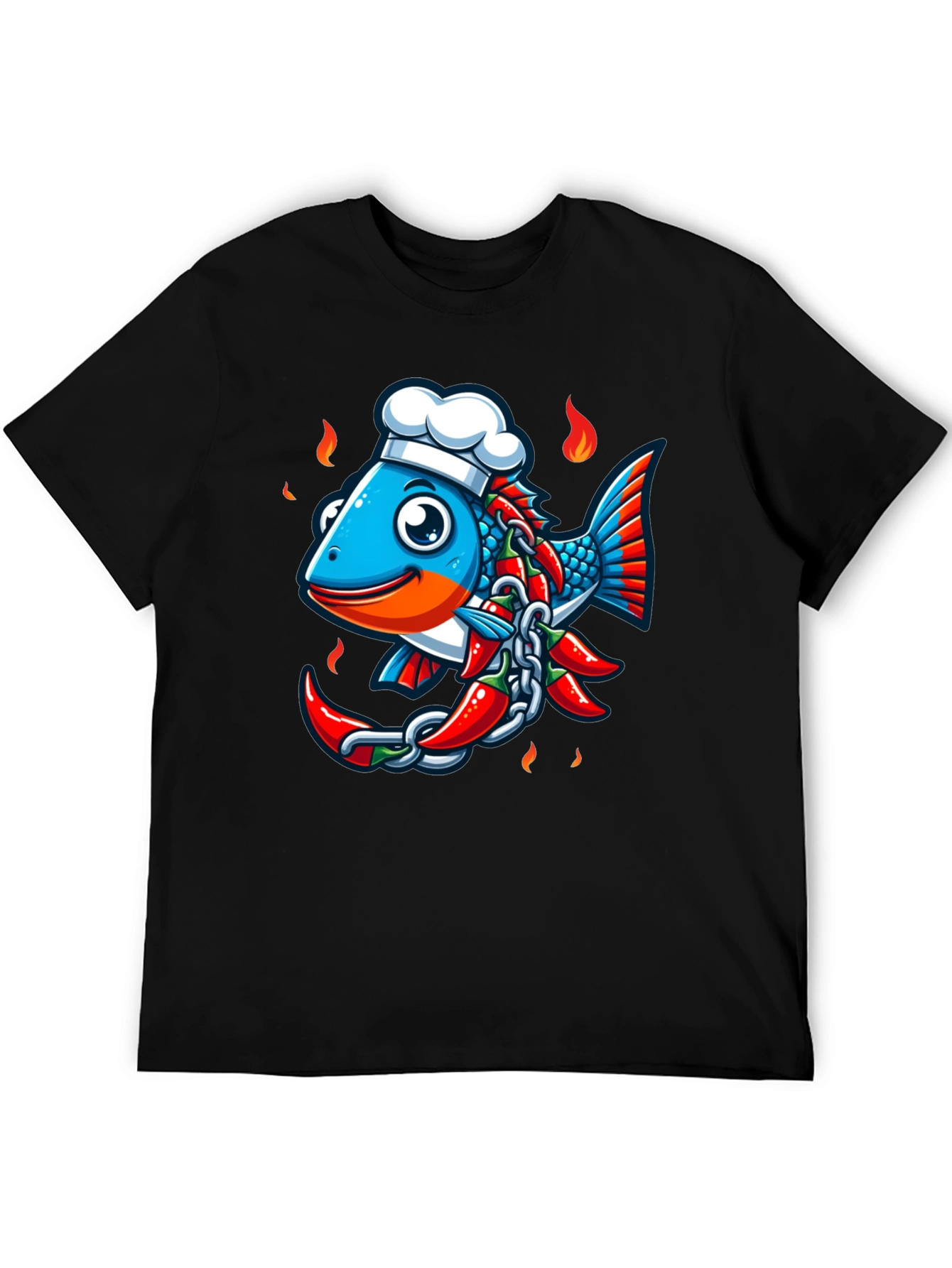 Spicy Fish Chef Graphic T-Shirt - Unique Cartoon Design
