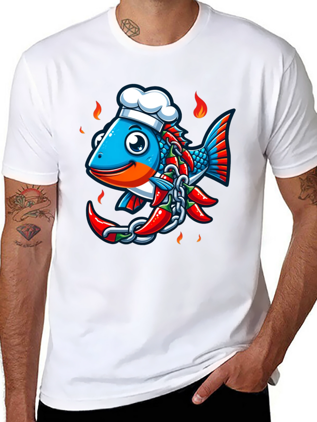 Spicy Fish Chef Graphic T-Shirt - Unique Cartoon Design