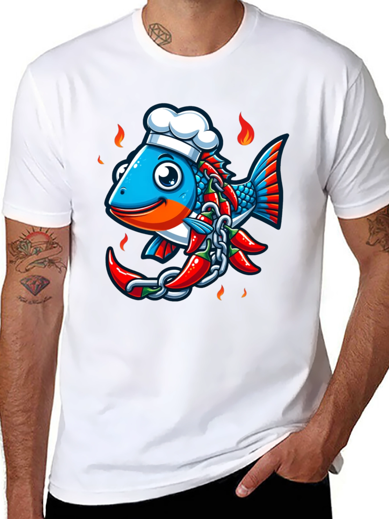 Spicy Fish Chef Graphic T-Shirt - Unique Cartoon Design