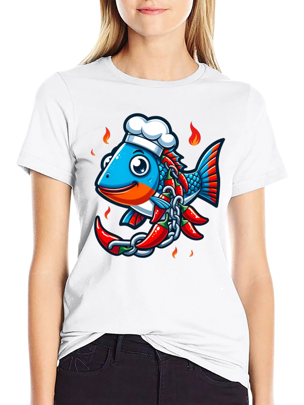 Spicy Fish Chef Graphic T-Shirt - Unique Cartoon Design