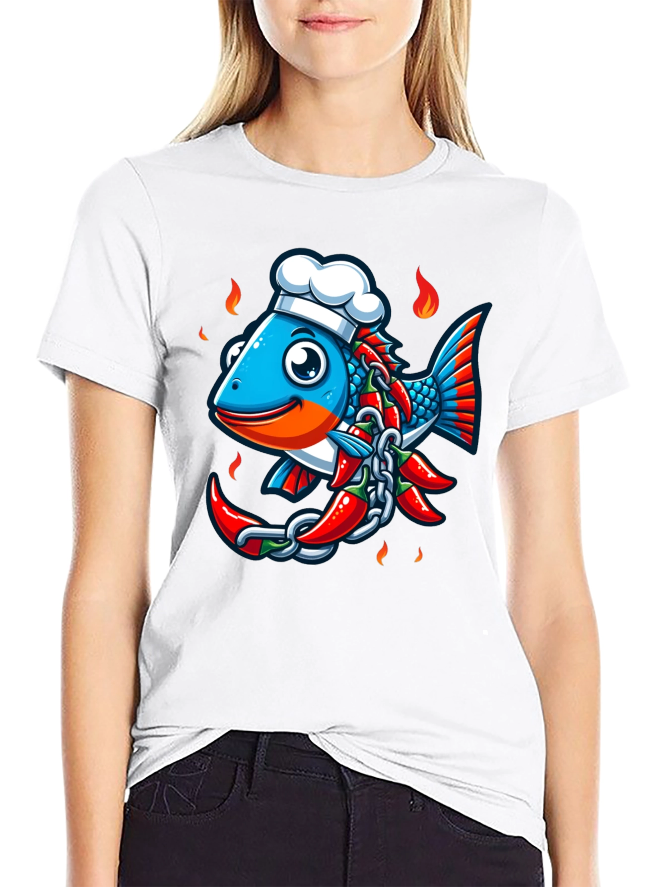 Spicy Fish Chef Graphic T-Shirt - Unique Cartoon Design