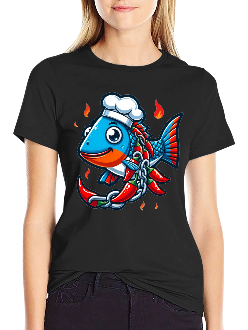 Spicy Fish Chef Graphic T-Shirt - Unique Cartoon Design