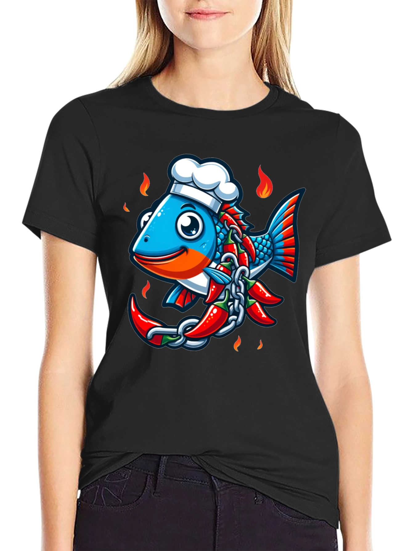 Spicy Fish Chef Graphic T-Shirt - Unique Cartoon Design