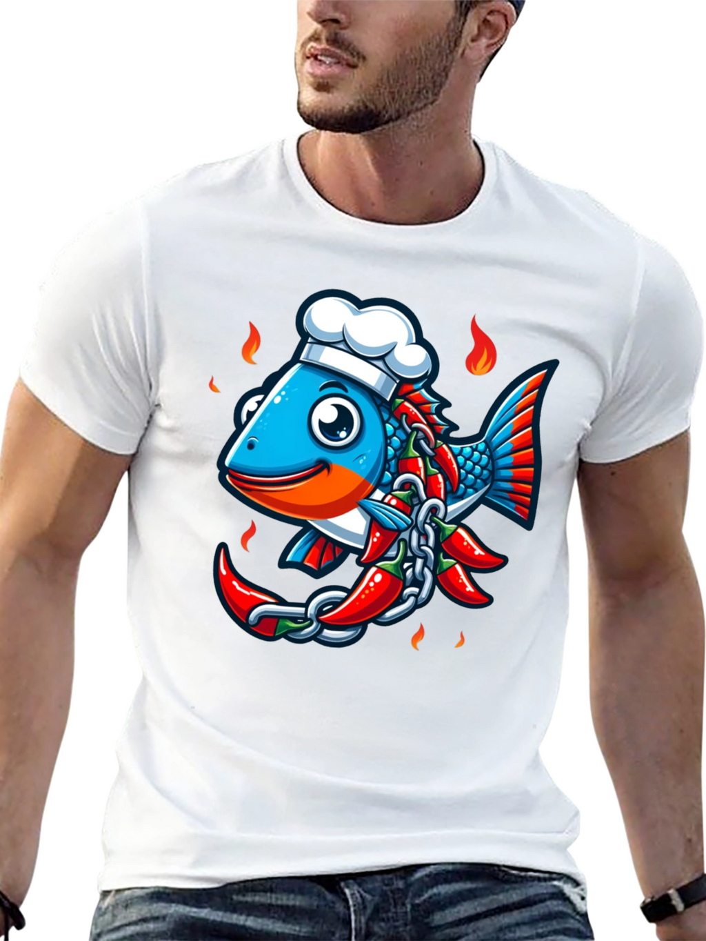 Spicy Fish Chef Graphic T-Shirt - Unique Cartoon Design