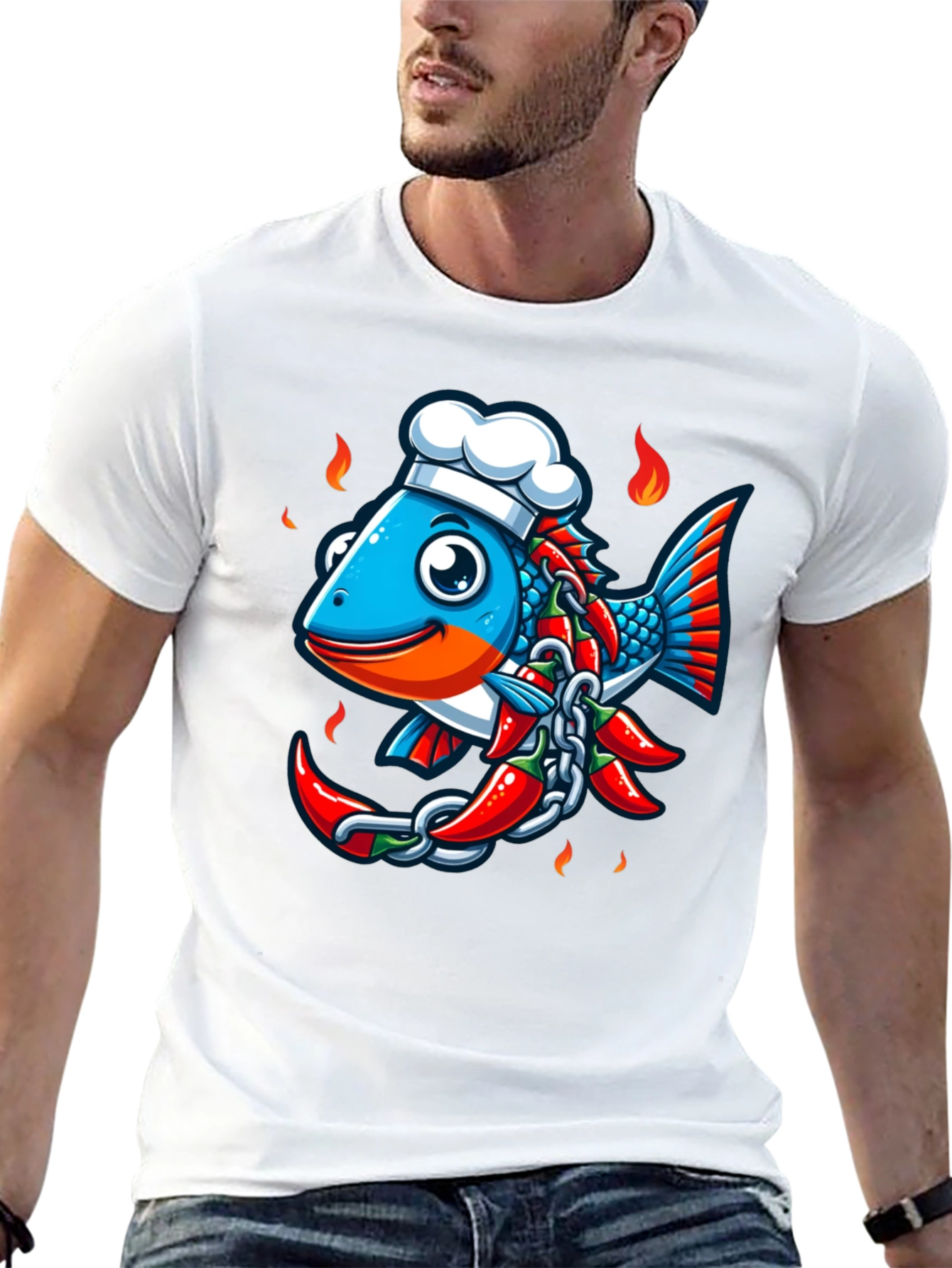 Spicy Fish Chef Graphic T-Shirt - Unique Cartoon Design