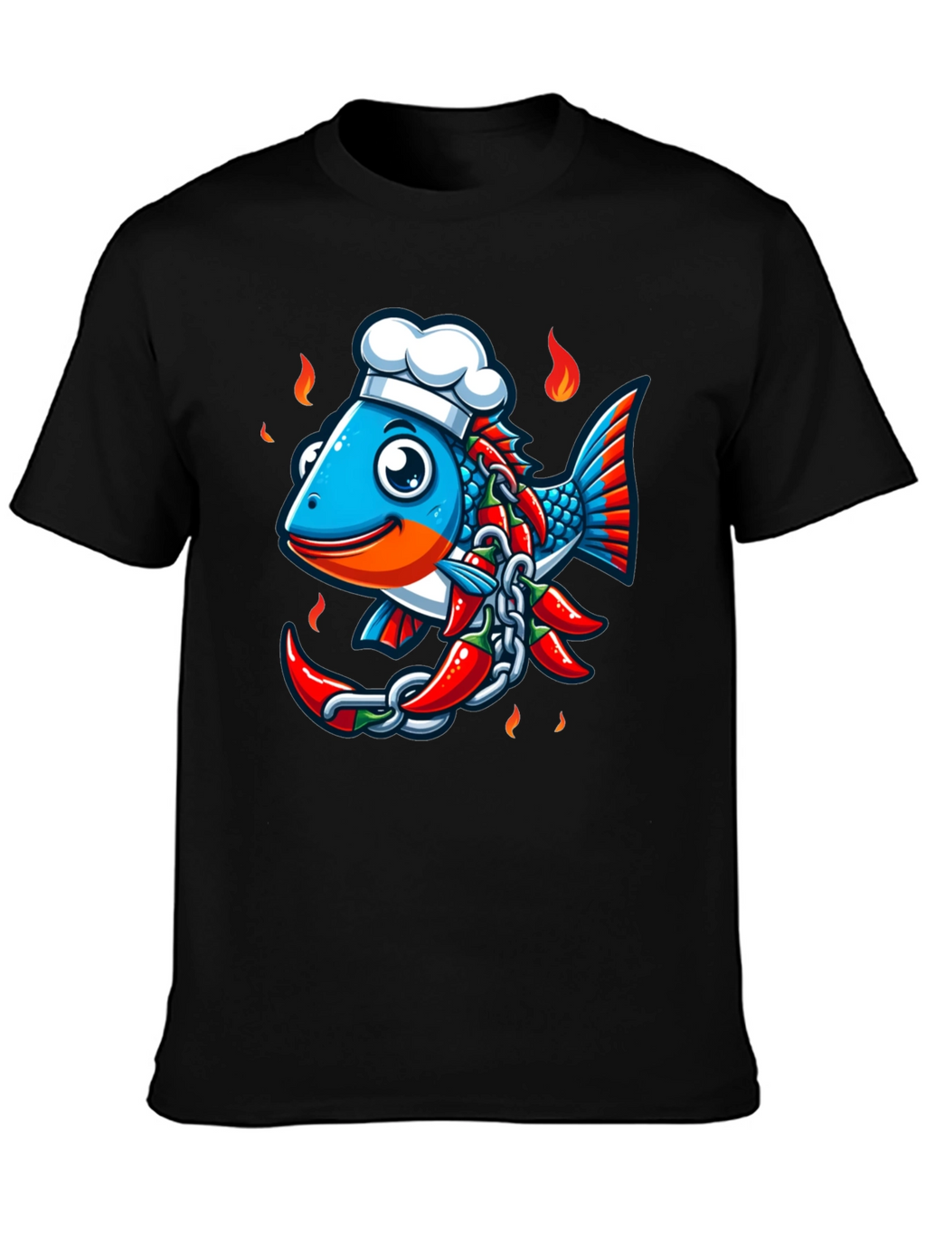 Spicy Fish Chef Graphic T-Shirt - Unique Cartoon Design