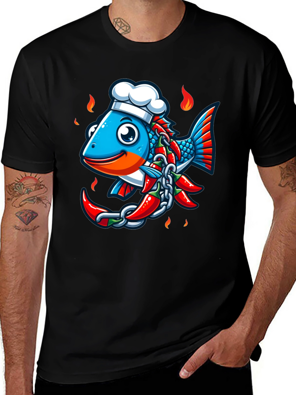 Spicy Fish Chef Graphic T-Shirt - Unique Cartoon Design