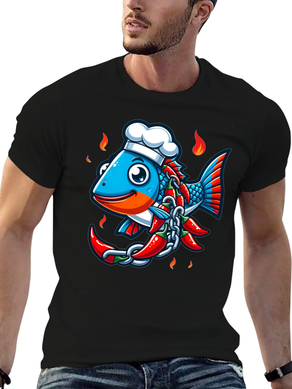 Spicy Fish Chef Graphic T-Shirt - Unique Cartoon Design