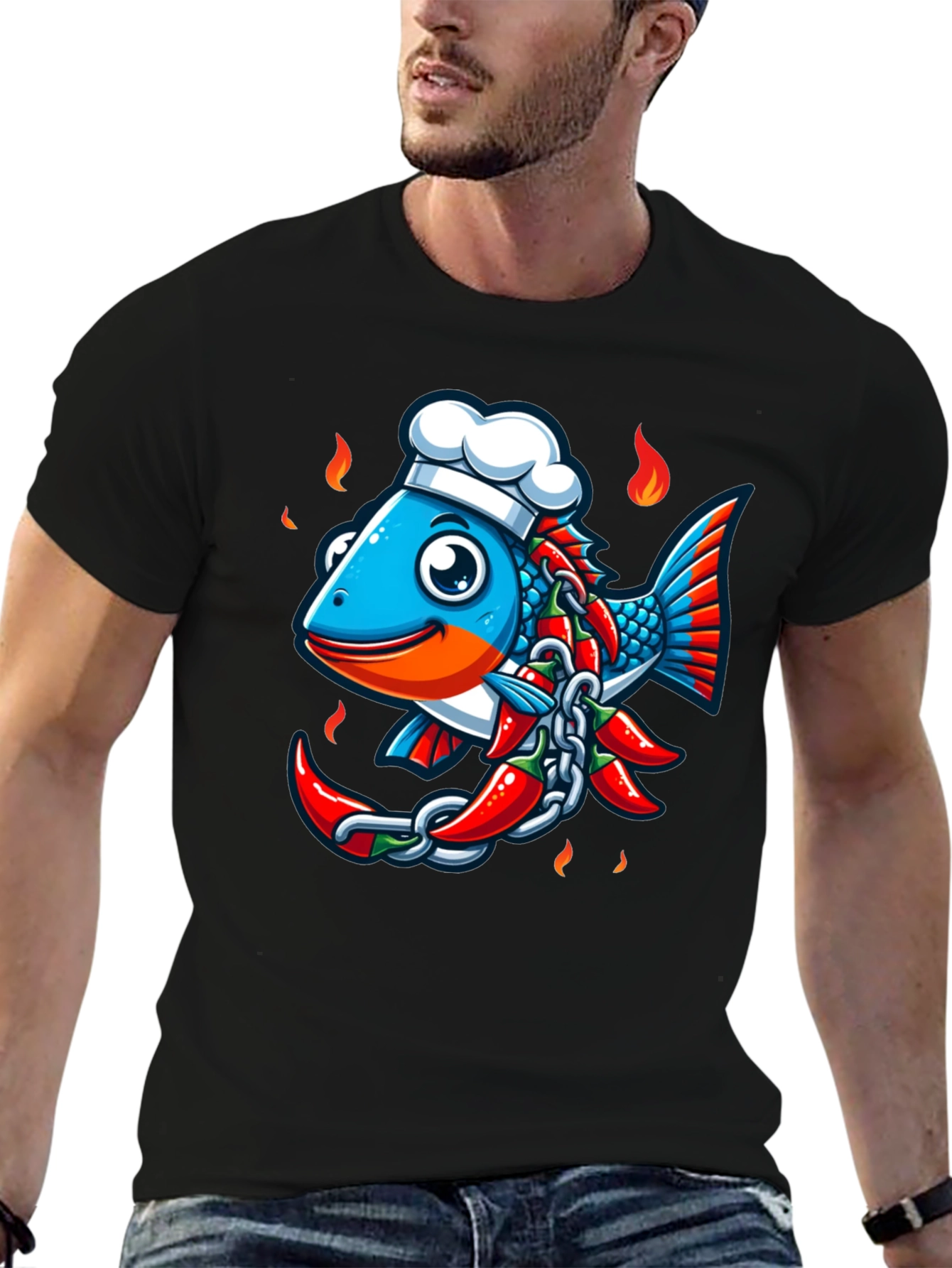 Spicy Fish Chef Graphic T-Shirt - Unique Cartoon Design