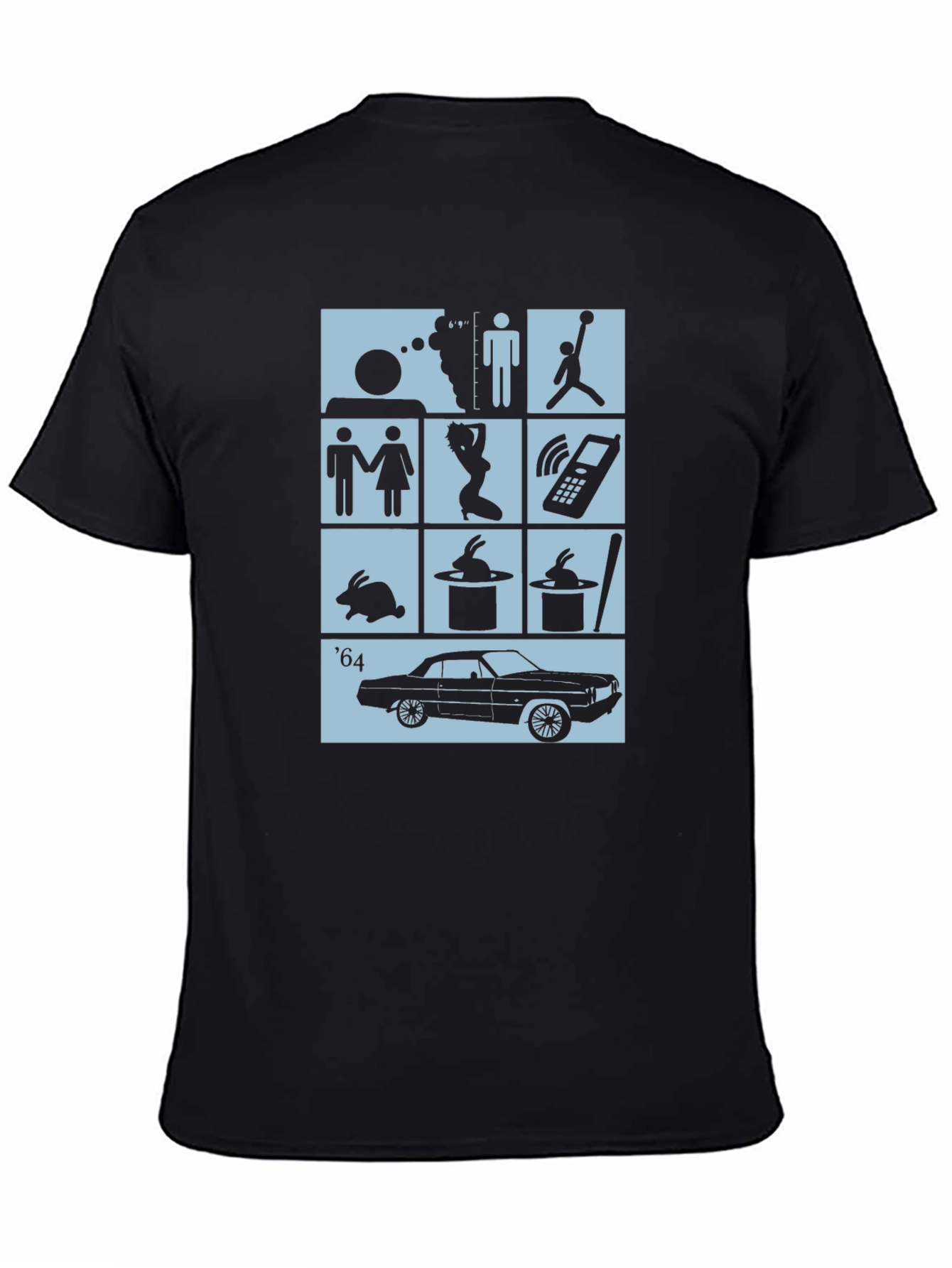 Black T-Shirt with Pop Culture Icon Grid Design
