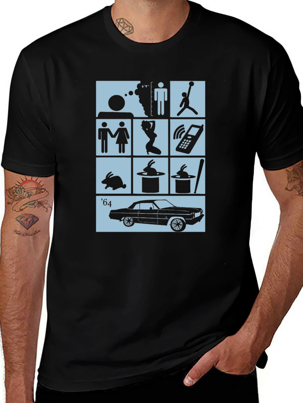 Black T-Shirt with Pop Culture Icon Grid Design