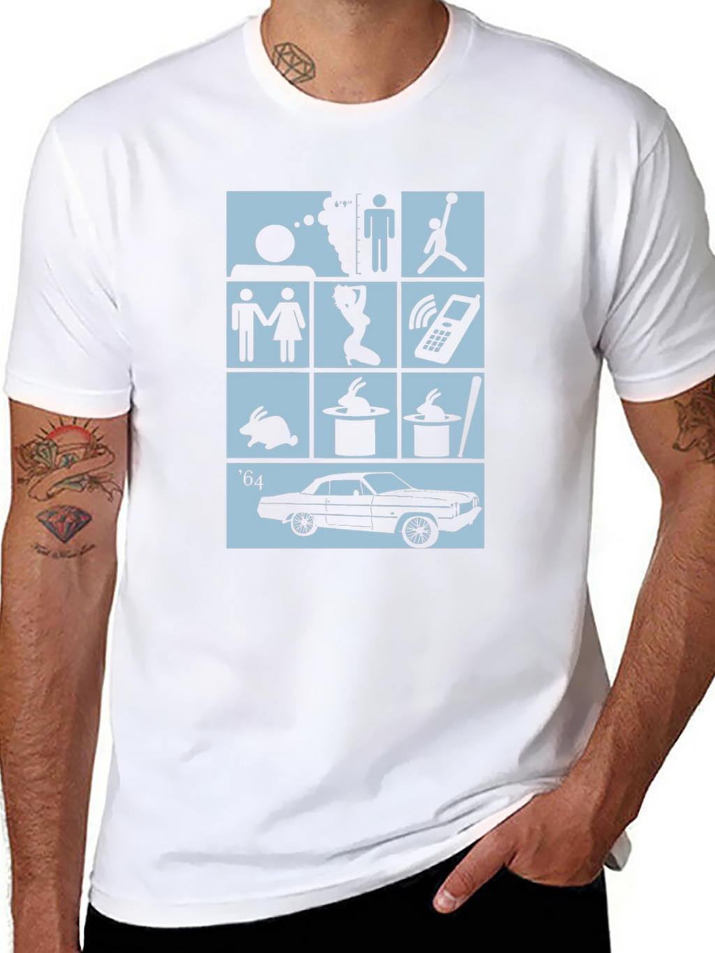 Black T-Shirt with Pop Culture Icon Grid Design