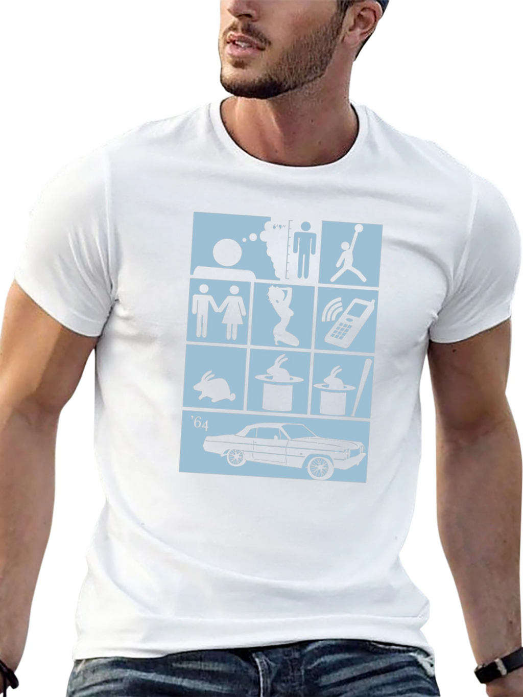 Black T-Shirt with Pop Culture Icon Grid Design