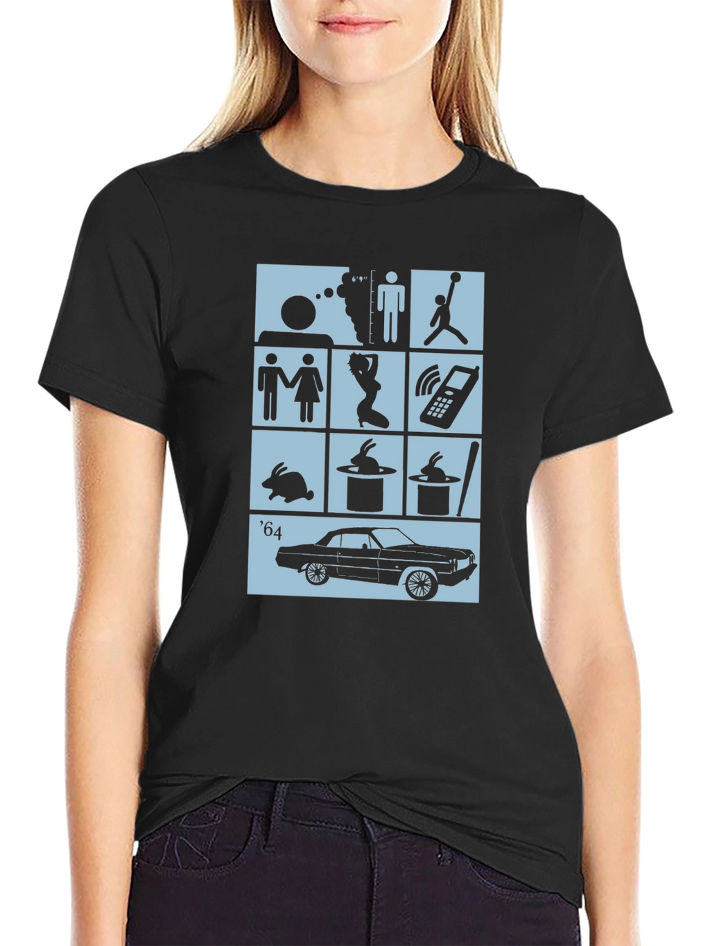 Black T-Shirt with Pop Culture Icon Grid Design