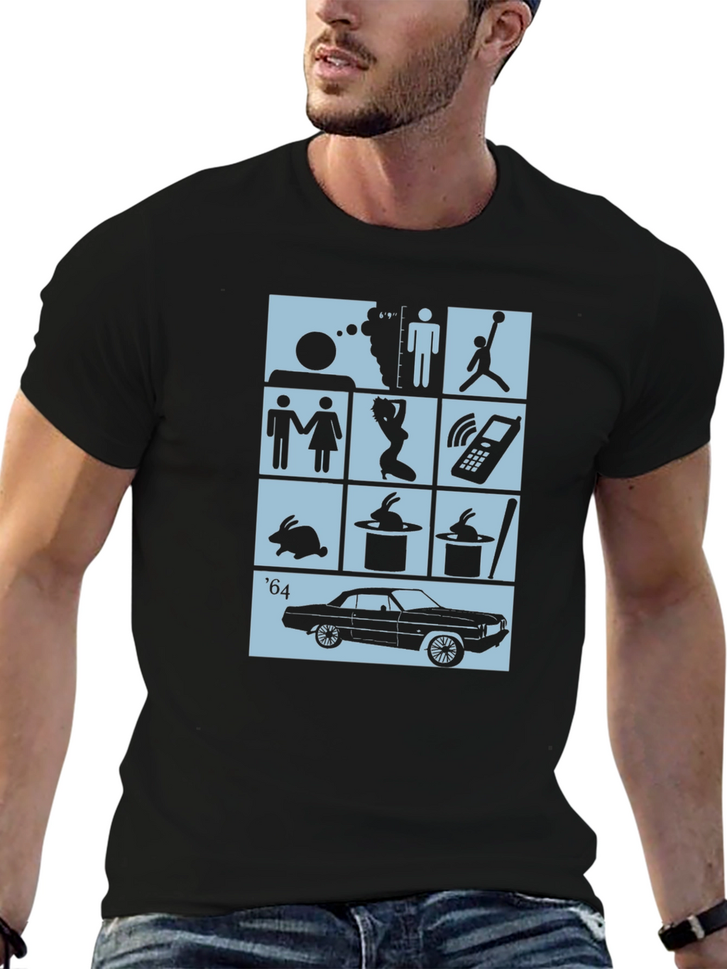 Black T-Shirt with Pop Culture Icon Grid Design