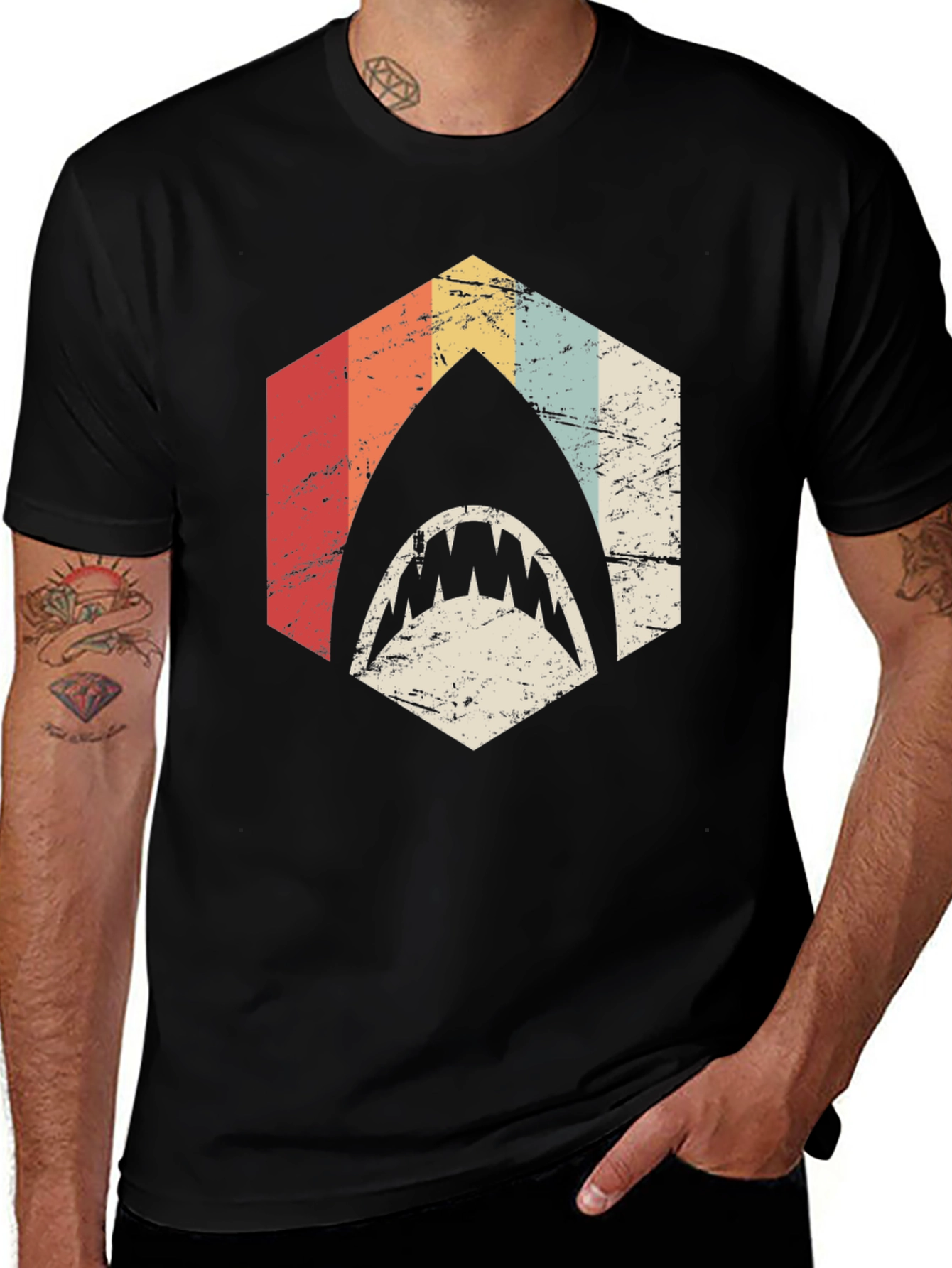 Retro Shark T-Shirt: Vintage Style Hexagon Design