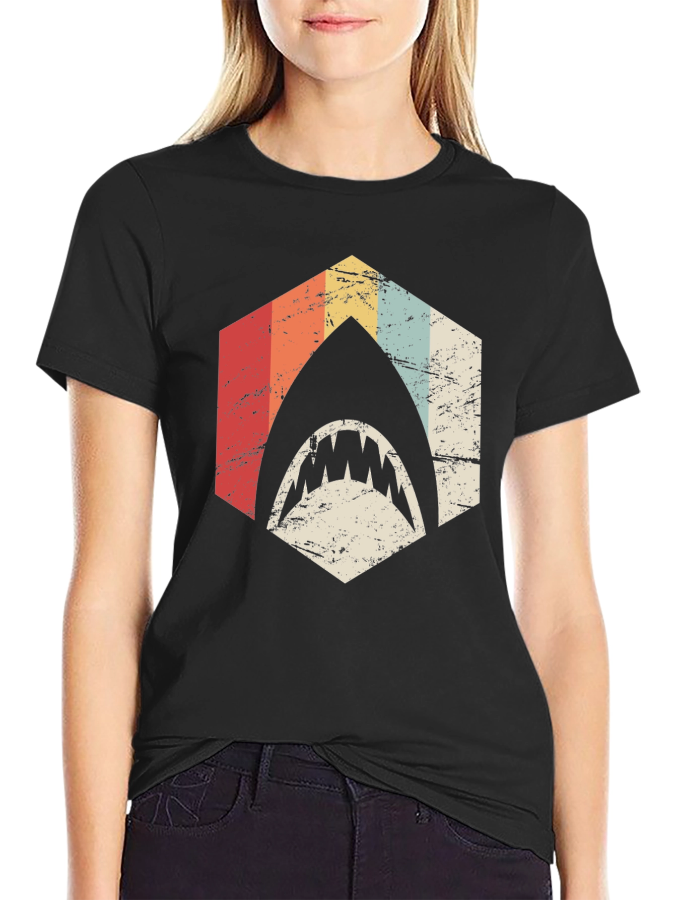 Retro Shark T-Shirt: Vintage Style Hexagon Design