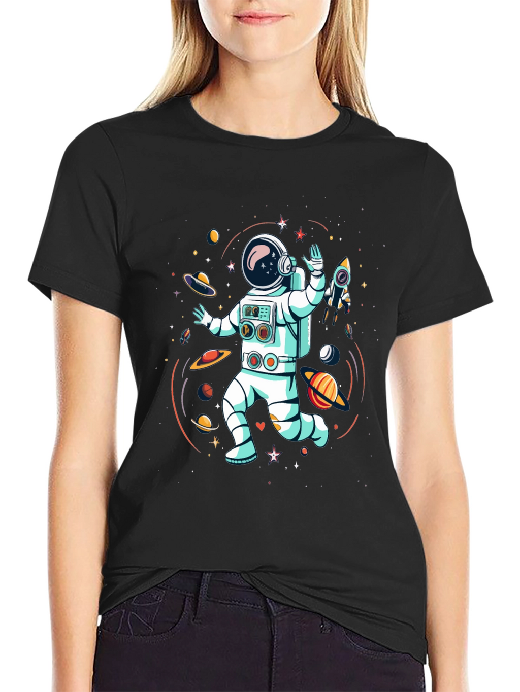 Astronaut in Space Graphic Tee - Black Cotton T-Shirt
