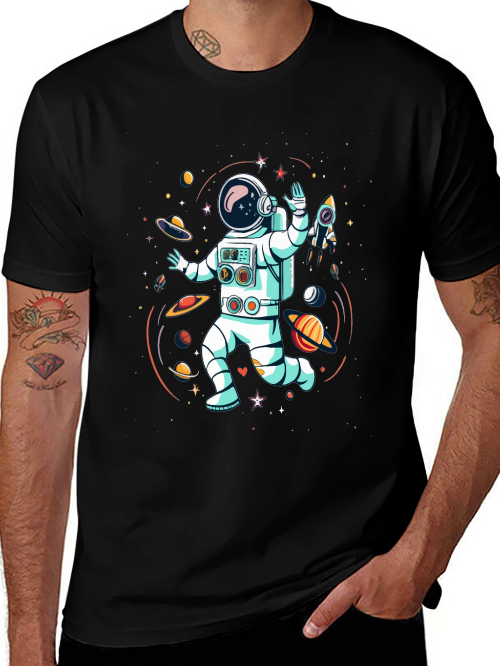 Astronaut in Space Graphic Tee - Black Cotton T-Shirt