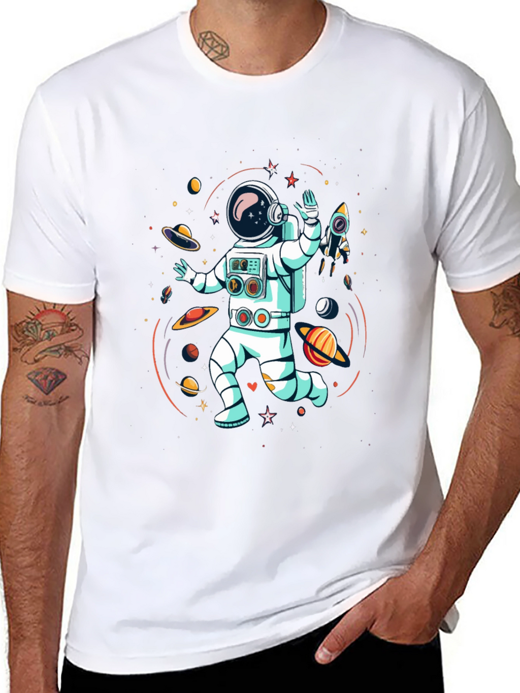 Astronaut in Space Graphic Tee - Black Cotton T-Shirt