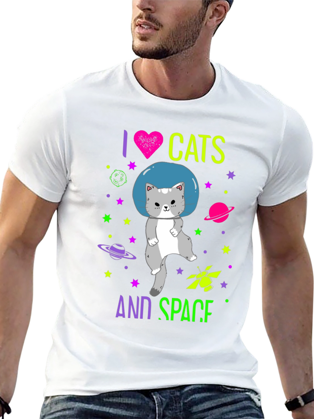 I Love Cats and Space Graphic T-Shirt