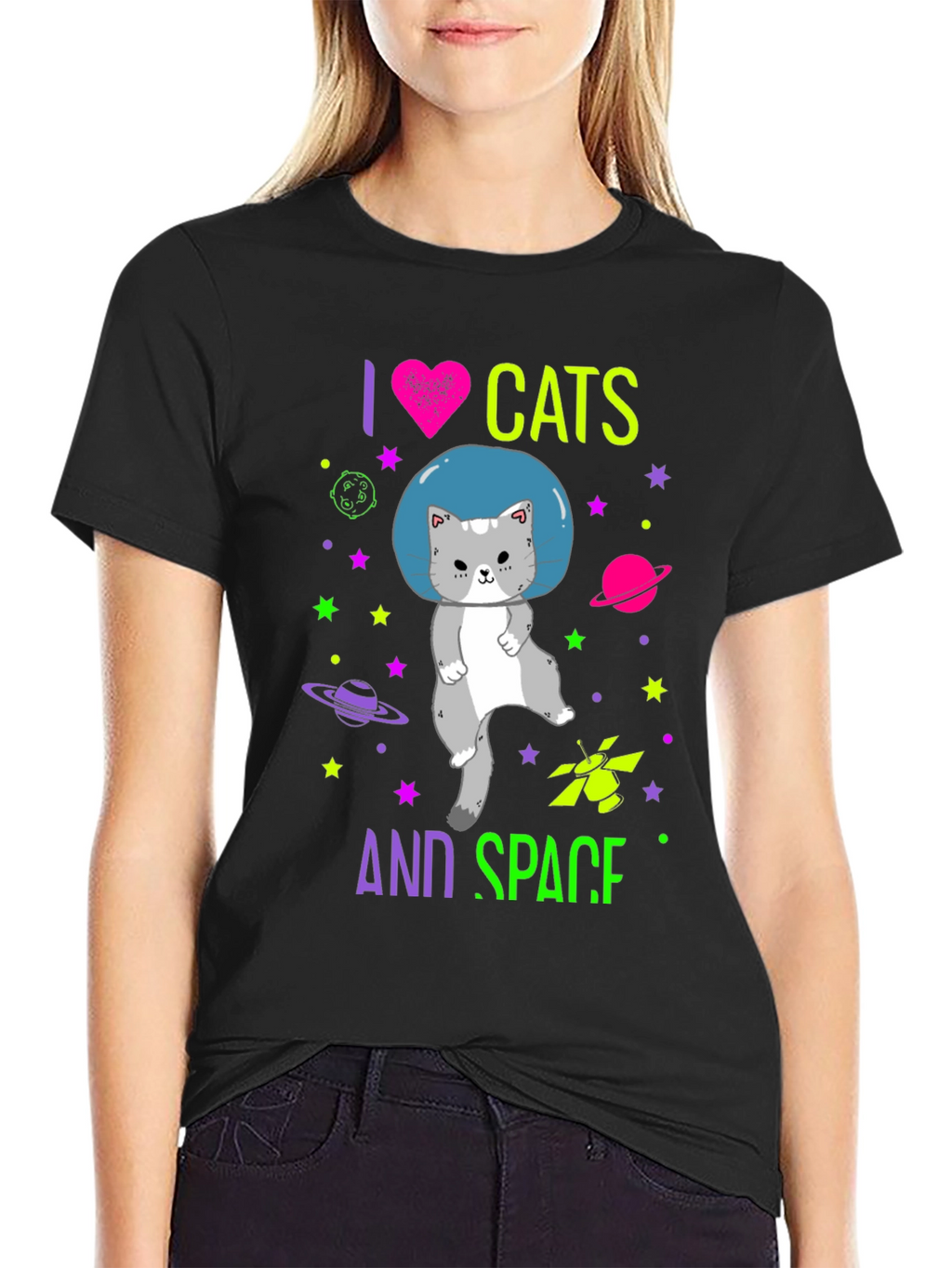 I Love Cats and Space Graphic T-Shirt