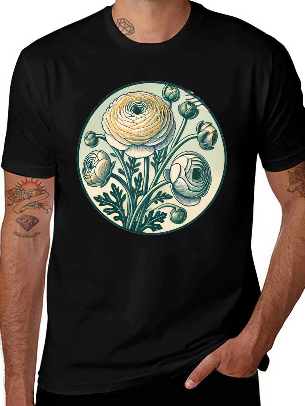 Floral Graphic Tee - Botanical Art Black T-Shirt