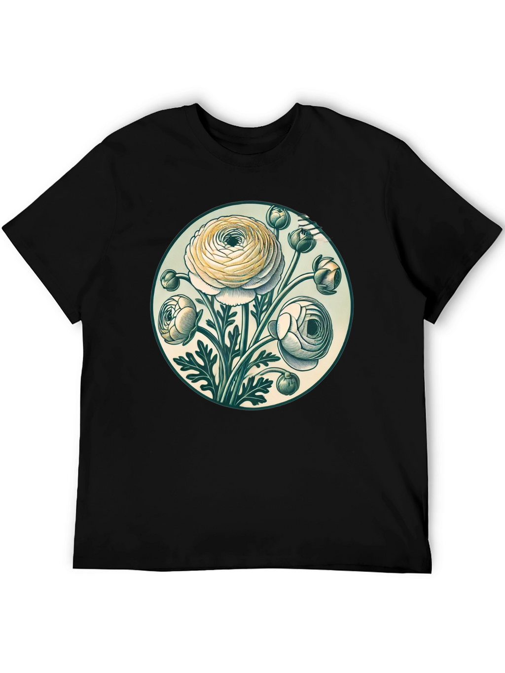 Floral Graphic Tee - Botanical Art Black T-Shirt